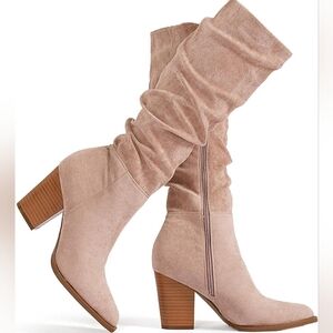 Women's Pointed Toe Knee High Boots Faux Suede Slouch Boots with Chunky Heel, 9